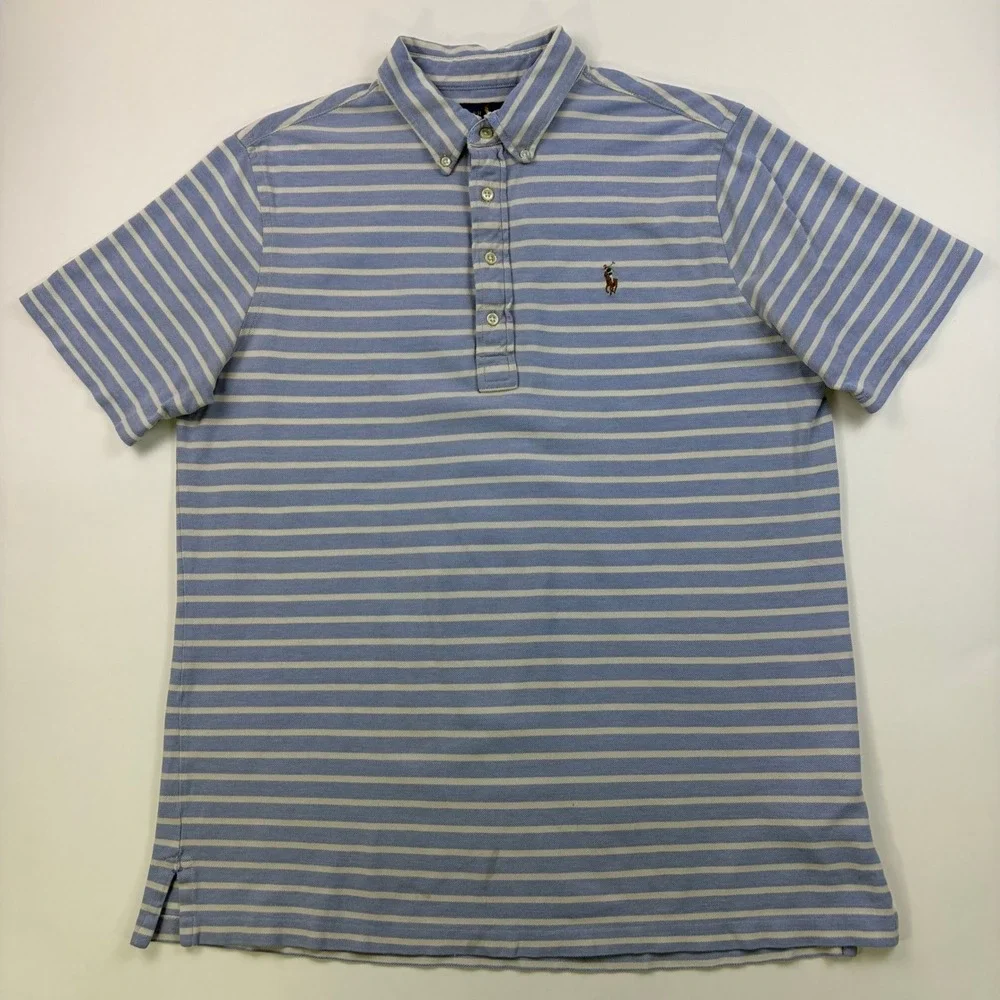 Ralph Lauren Knit Oxford Polo Shirt Mens L Blue White Striped Short Sleeve Logo